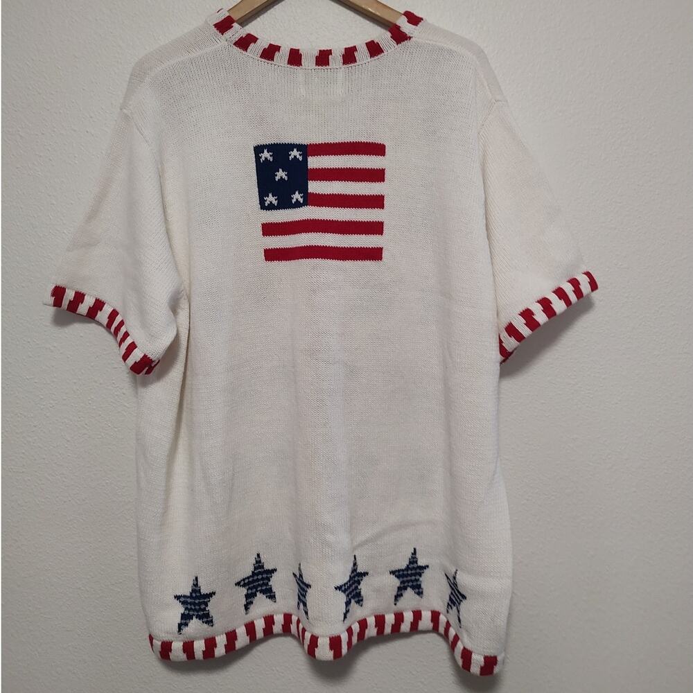 Quacker Factory White Blue Red Short Sleeve Patriotic Button Front Sweater 2X - Picture 2 of 11